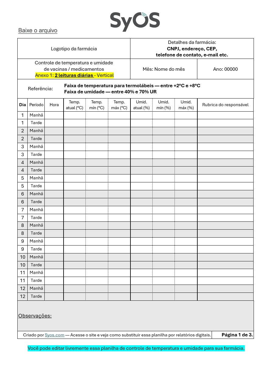 tabela de controle de temperatura e umidade em drogaria e farmácia - baixe a planilha em PDF para imprimir